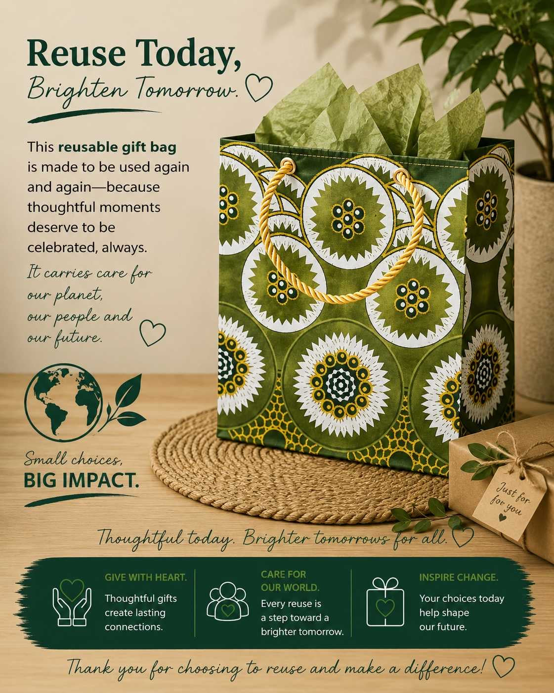 African Wax Print Mini, Extra Small, Small, Medium Gift Bag - Olive Green Dark Green White Gold | Reusable Fabric Gift Wrap | Gezia Accents