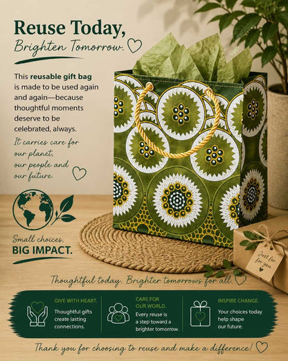 African Wax Print Mini, Extra Small, Small, Medium Gift Bag - Olive Green Dark Green White Gold | Reusable Fabric Gift Wrap | Gezia Accents