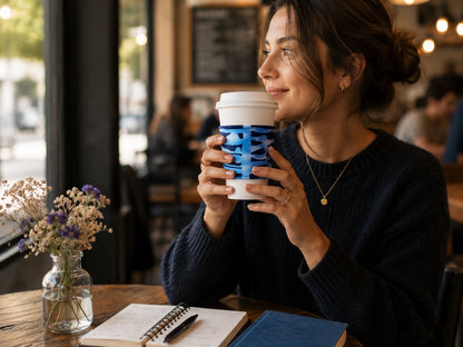 African Wax Print Cup Sleeve - Dark Blue, Blue and White | Reusable Coffee Cozy | Gezia Accents (Copy)