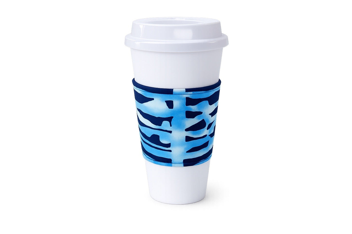 African Wax Print Cup Sleeve - Dark Blue, Blue and White | Reusable Coffee Cozy | Gezia Accents (Copy)