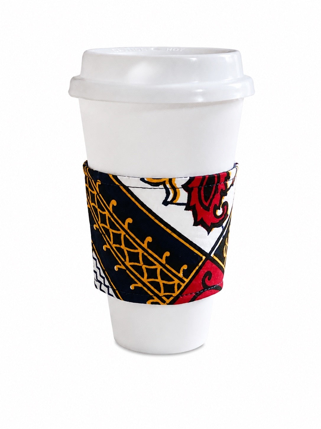 African Wax Print Cup Sleeve - Dark Blue Red Yellow White | Reusable Coffee Cozy | Gezia Accents (Copy)