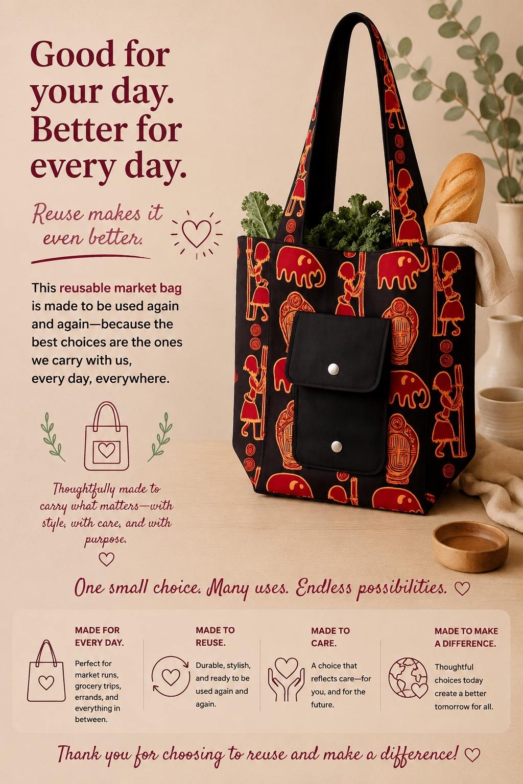 African Print Foldable Market Bag | Reusable Tote by Gezia Accents