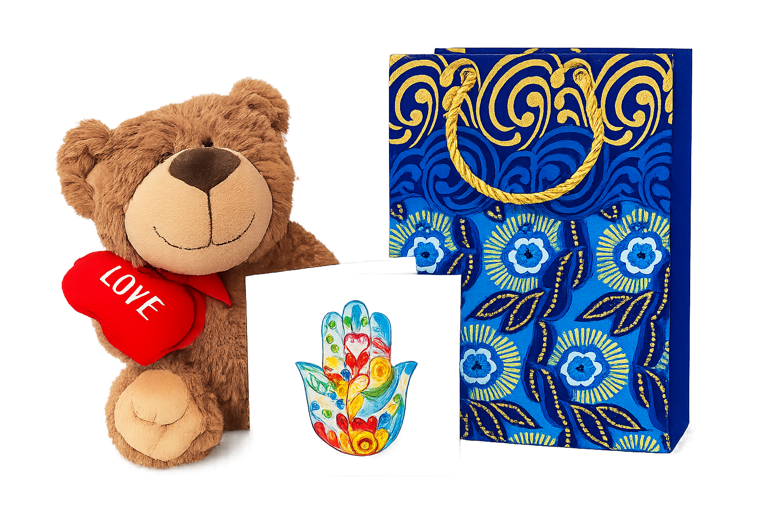 Plush teddy bear with a heart, colorful hamsa hand, and decorative small blue bag on a white background