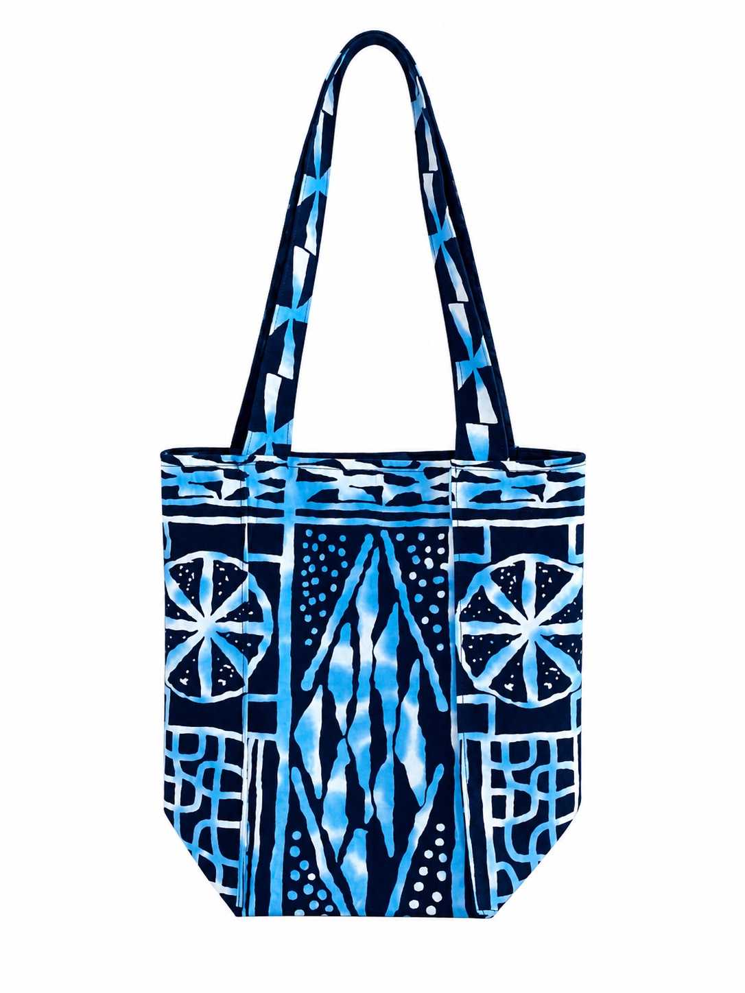 Back view of blue and white patterned tote bag on a white background