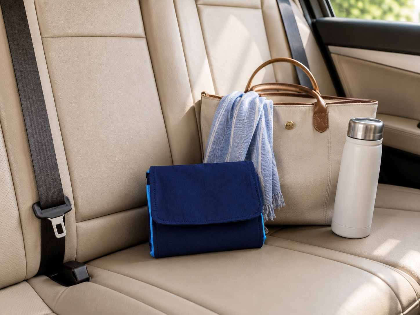 Blue and white foldable market bag in pouch position, beige handbag, and white tumbler on a car seat