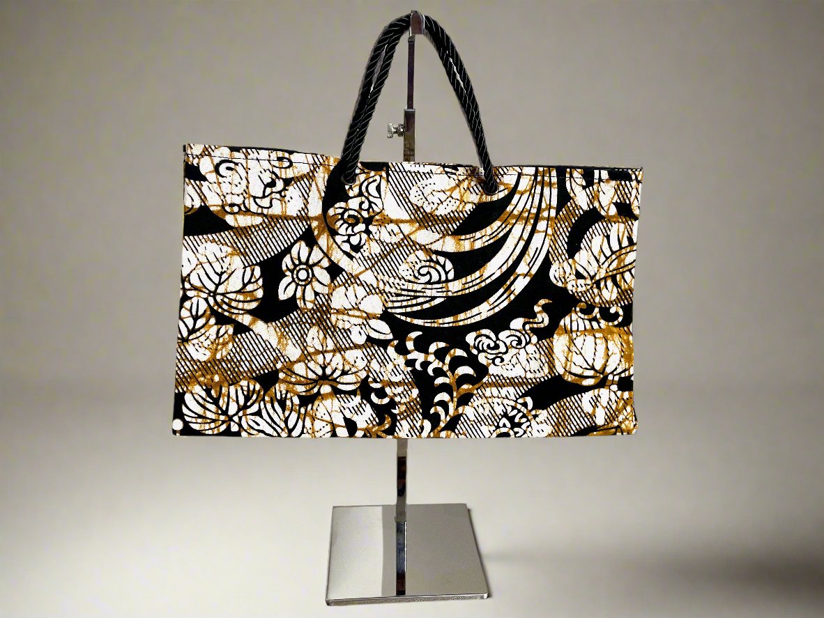 Ethnic, Fabric, Patterned, Handmade Black, Cream, and Brown Medium Horizontal Bag