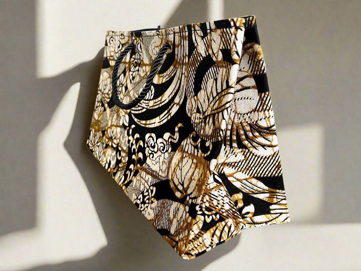 Ethnic, Fabric, Patterned, Handmade Black, Cream, and Brown Medium Horizontal Bag