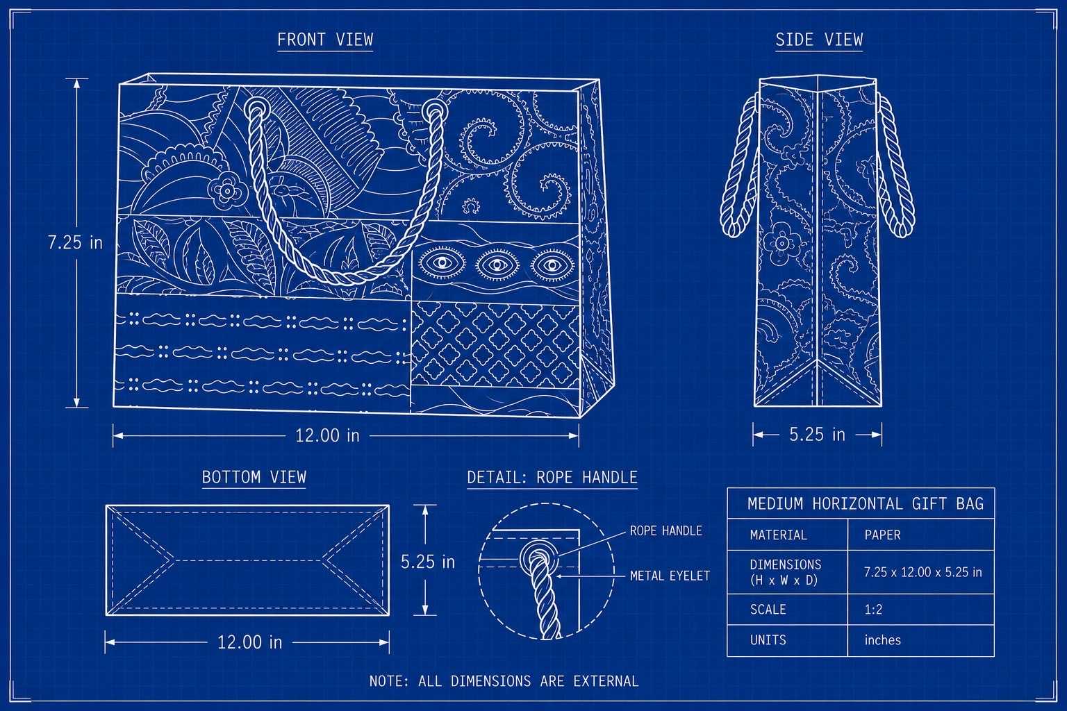 Technical drawing of a decorative gift bag with measurements on a blue background