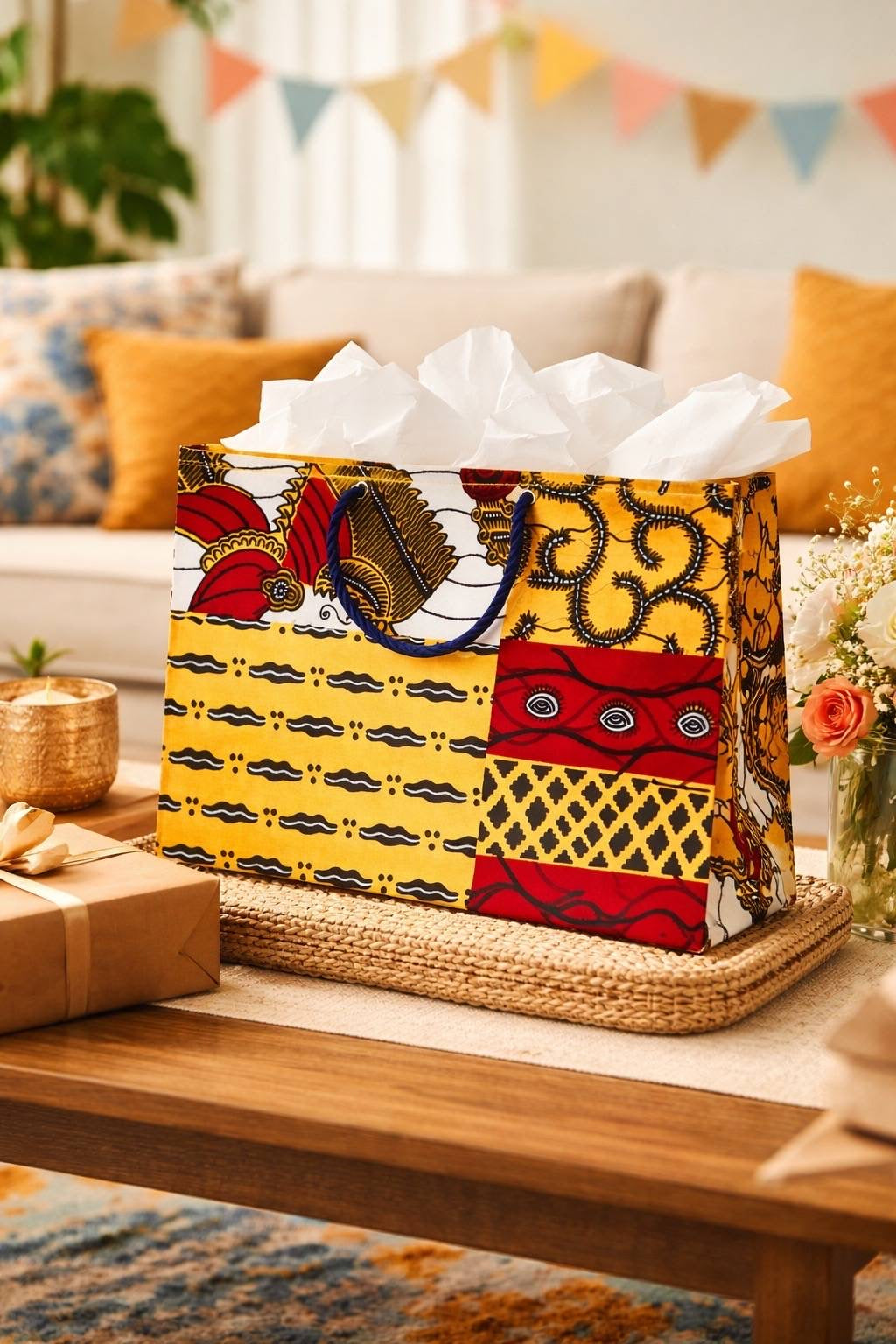 Red, Yellow, Dark Blue, and White Decorative gift bag with colorful patterns on a wooden table in a home setting