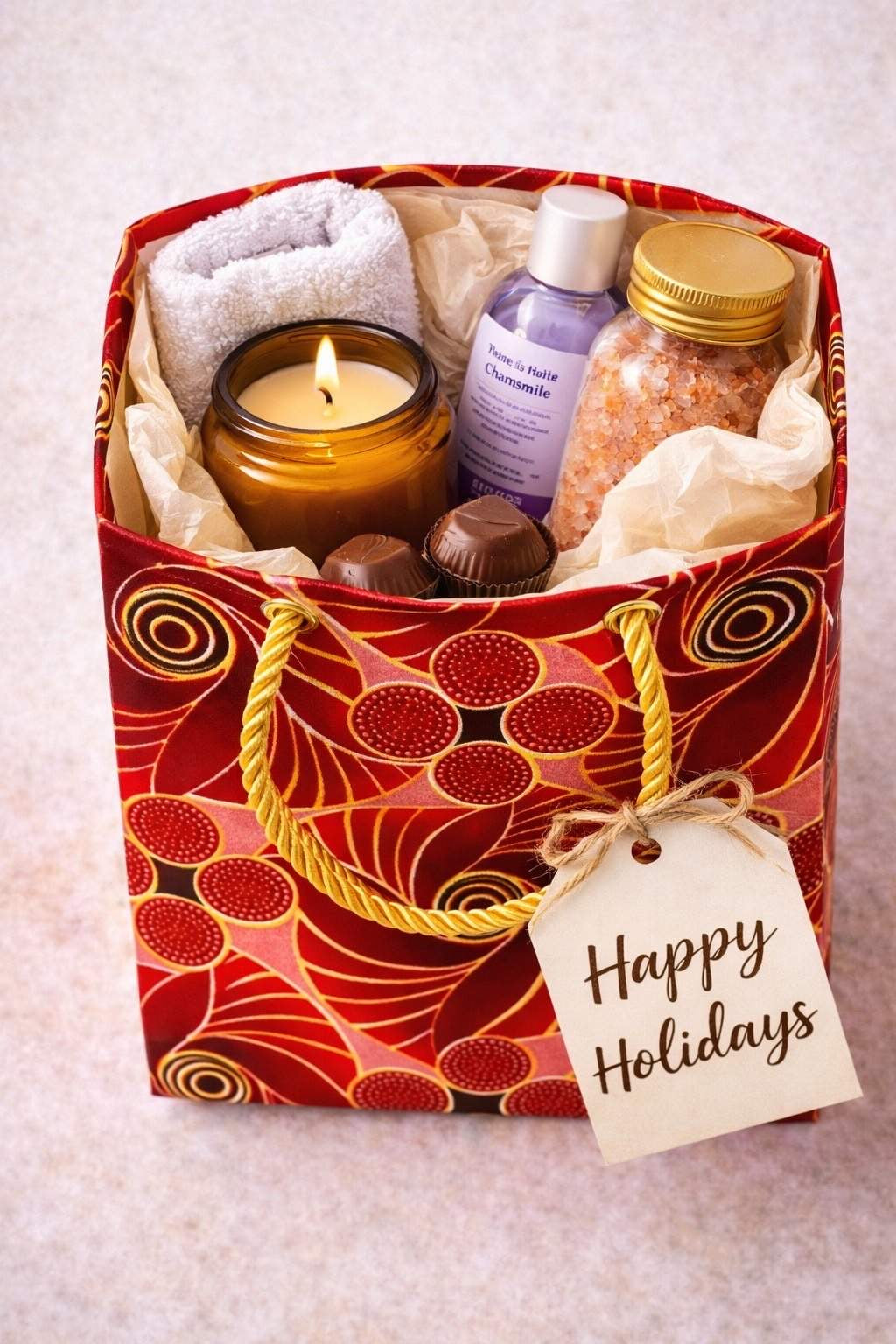 Red, maroon, pink, & gold extra small gift bag with product ideas inside the bag on a white background