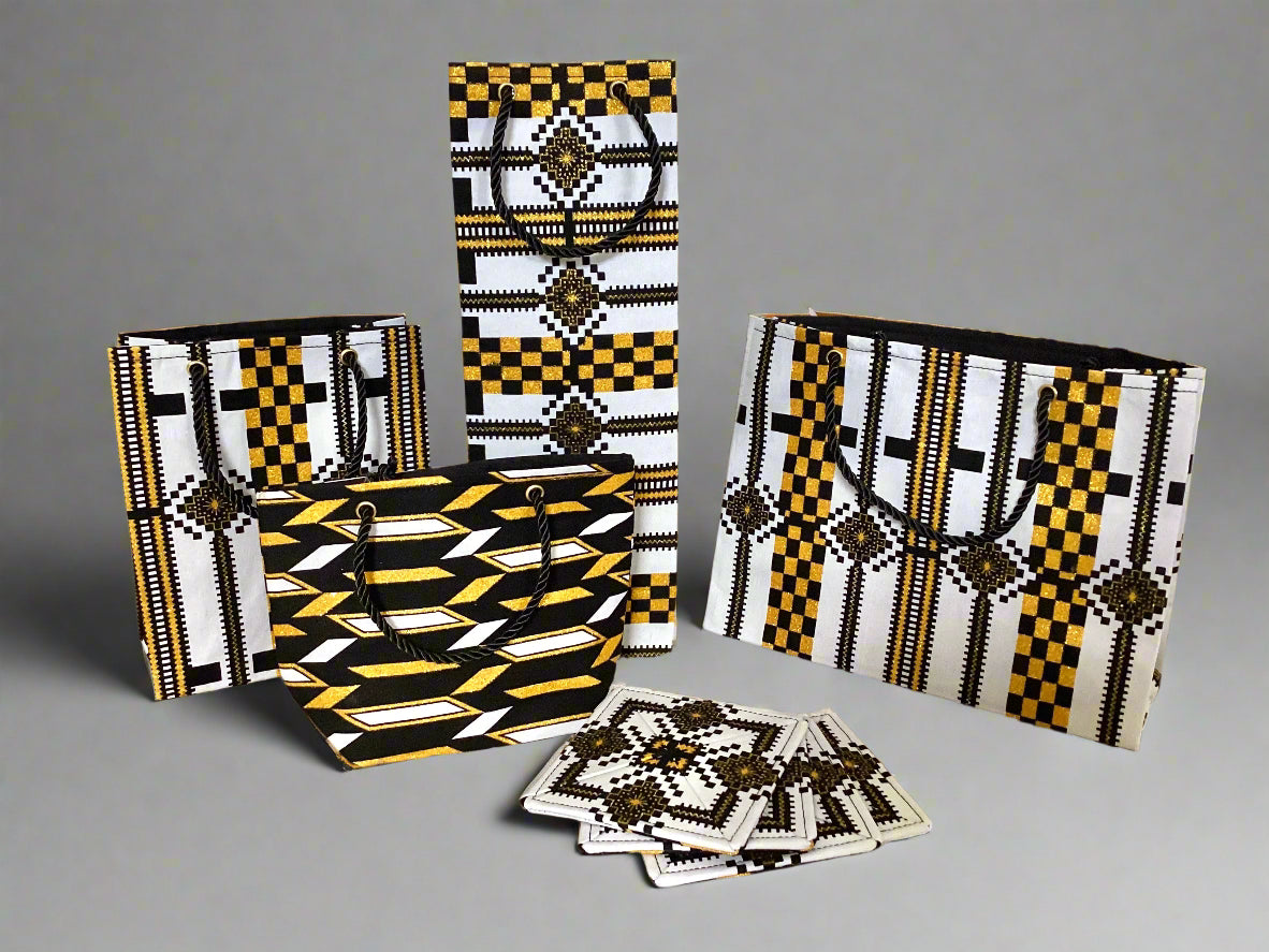 Decorative gift bags and coasters with geometric patterns
