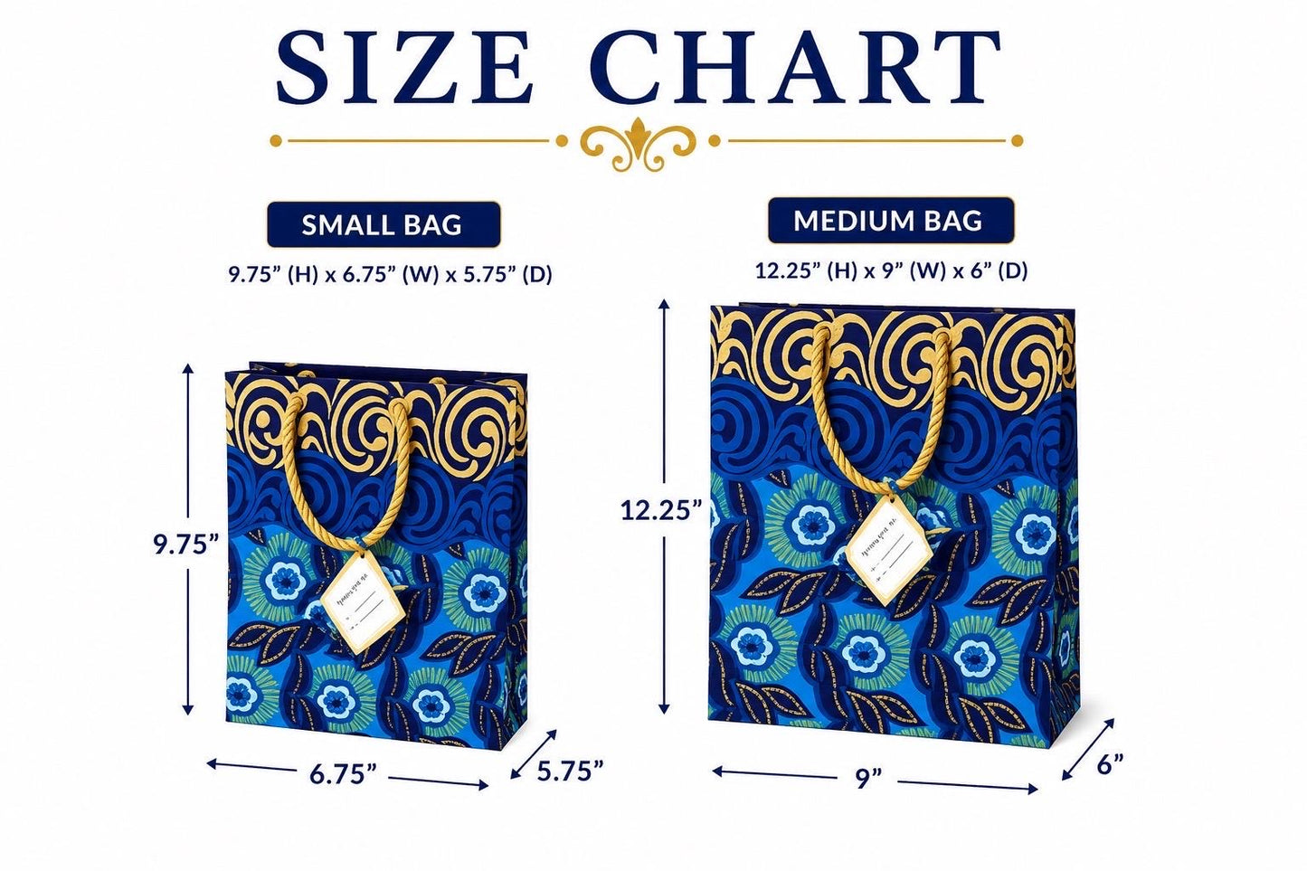 Size chart comparing small and medium bags with decorative patterns on a white background.