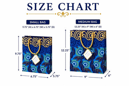 Size chart comparing small and medium bags with decorative patterns on a white background.