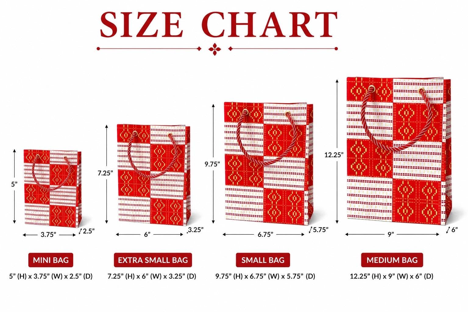 Size chart for red, gold and white patterned bags with dimensions labeled.
