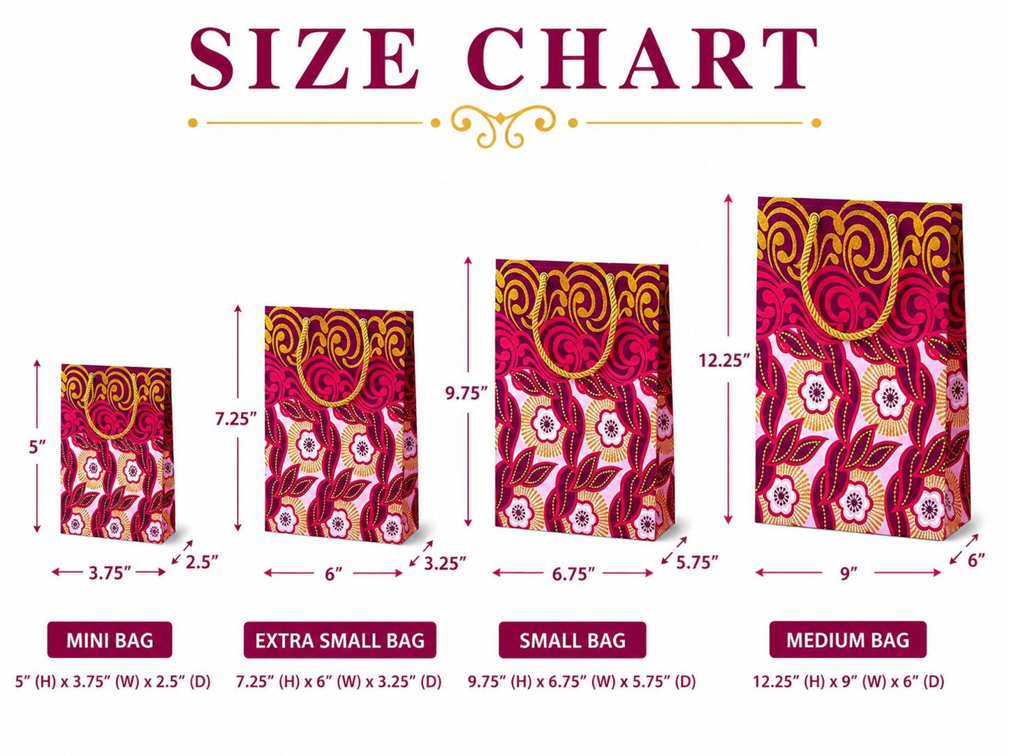 Size chart for bags with pink and gold patterns on a white background