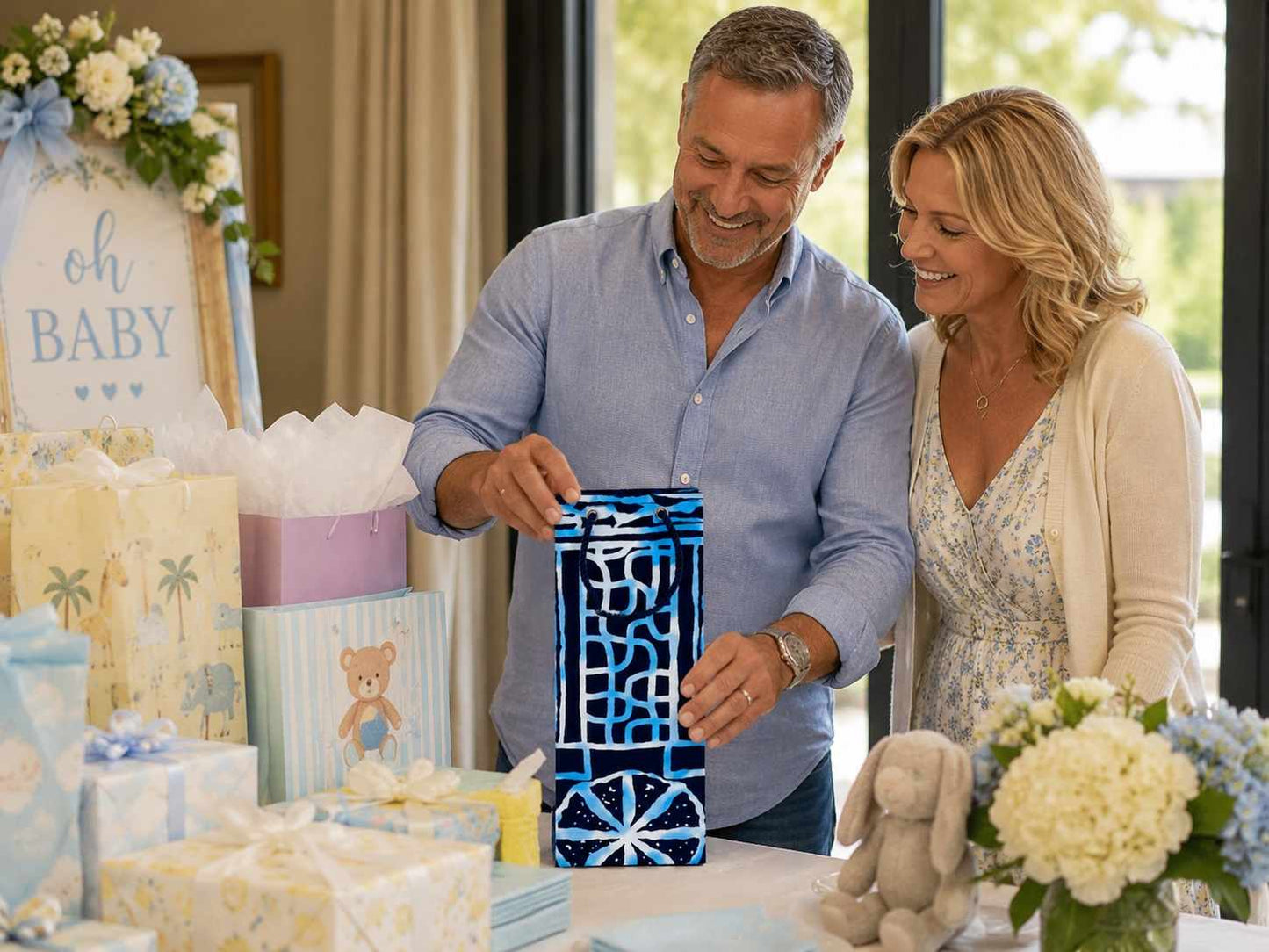 Man and woman at a baby shower table with wine bag, gifts, and decorations.