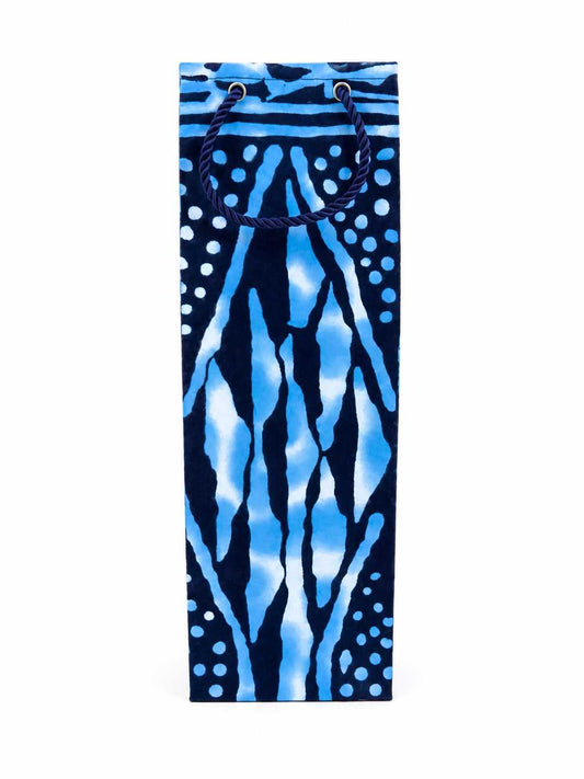 Wine gift bag with blue and white abstract design on a white background