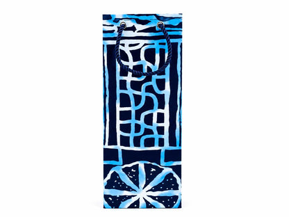 Blue and white patterned bag with handles on a white background