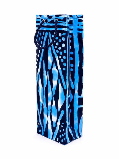 Side view of blue and white patterned bag on a white background