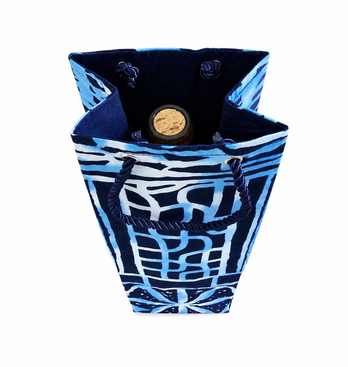 Inside view of blue and white patterned bag on a white background