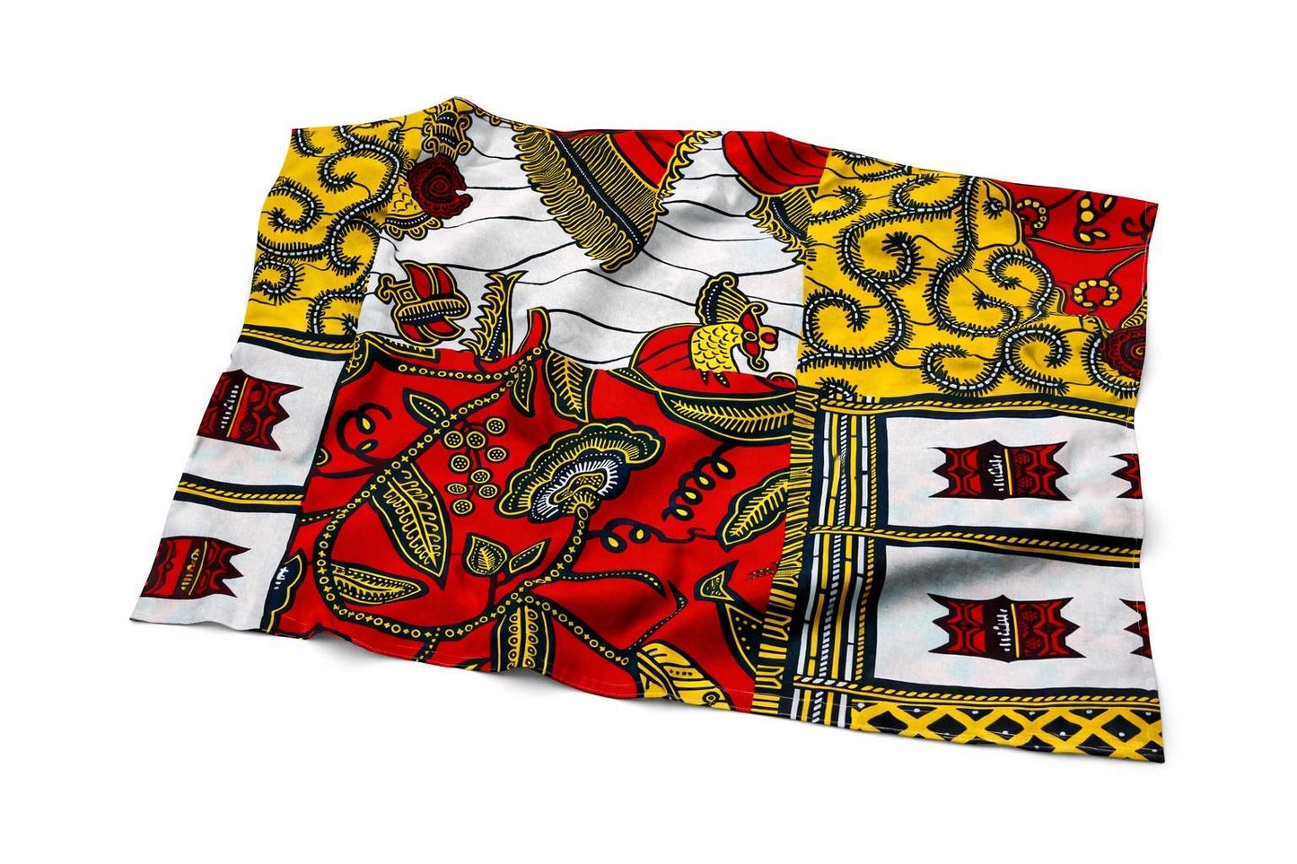 Red, white, dark blue, and yellow colorful fabric with intricate patterns on a white background