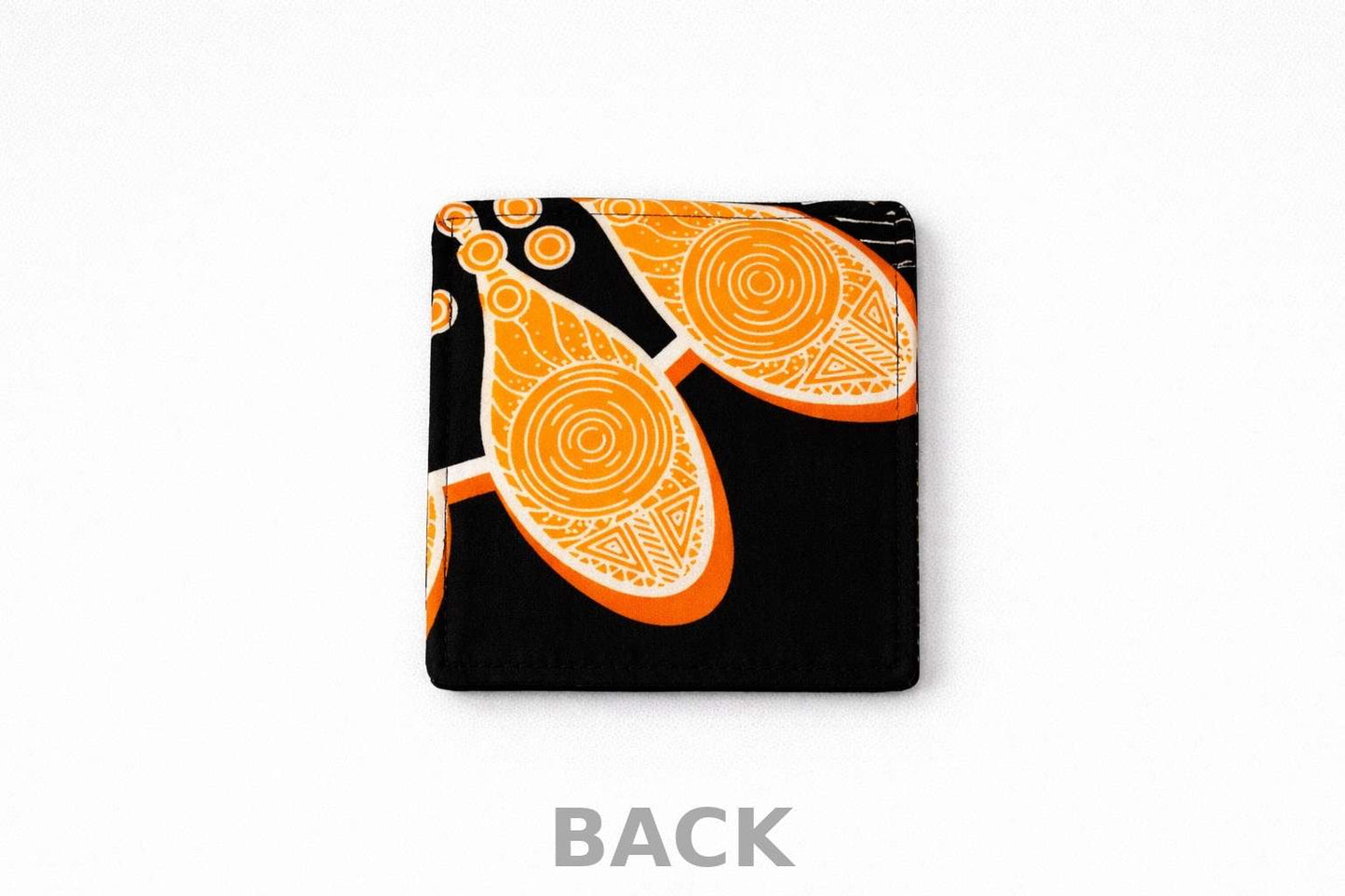 Corner bookmark with black, orange and white design on a white background, labeled 'BACK'.