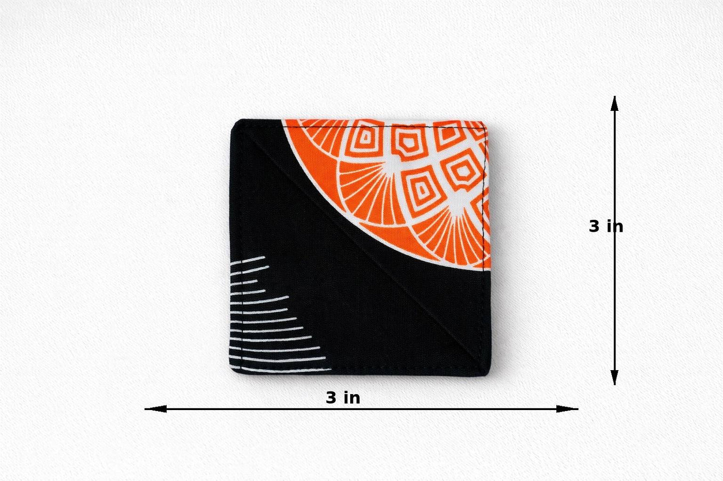 Small black and orange geometric design corner bookmark on a white background with dimensions indicated.