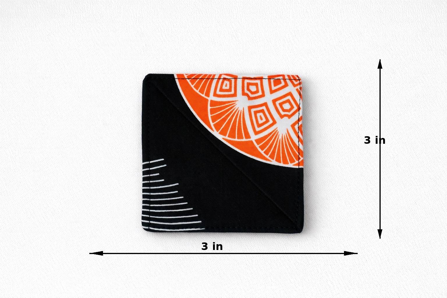 Small black and orange geometric design corner bookmark on a white background with dimensions indicated.