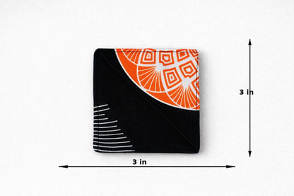 Small black and orange geometric design corner bookmark on a white background with dimensions indicated.