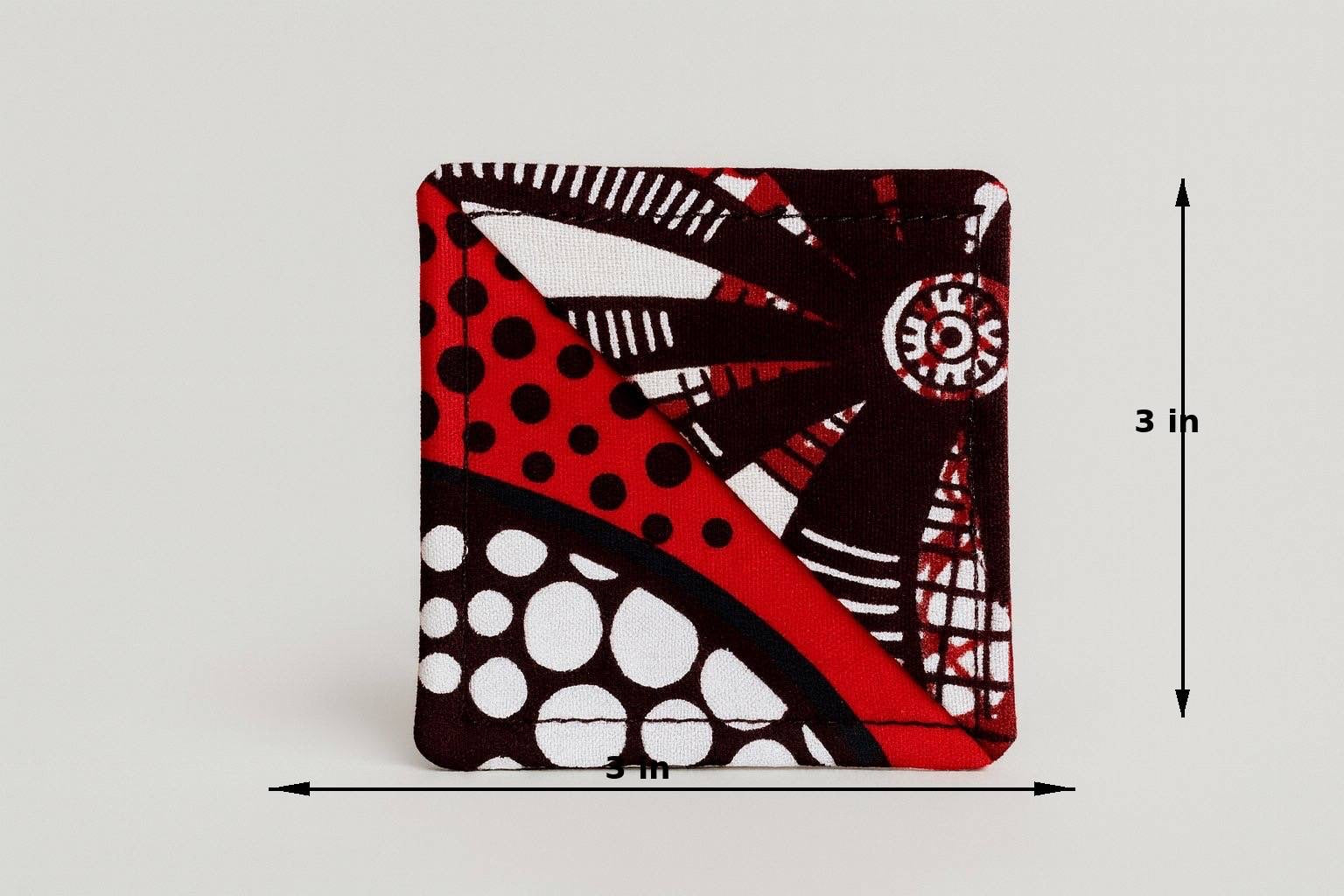 Red, brown, & white corner bookmark with abstract design 3x3 dimensions shown on a light gray background