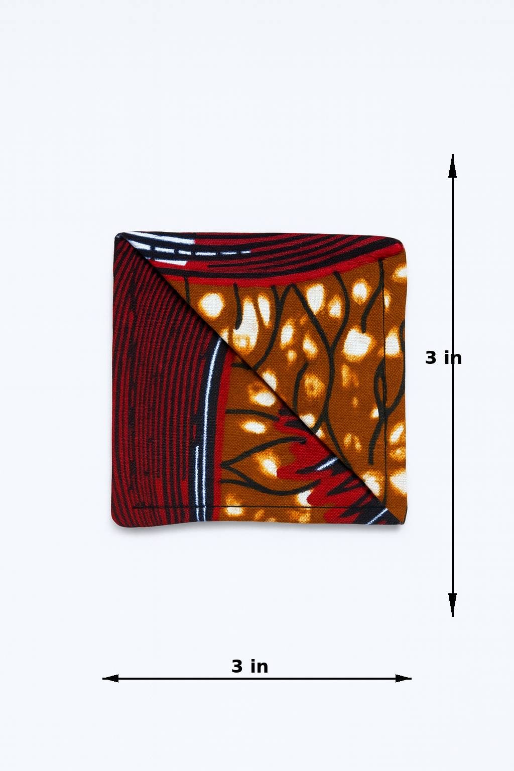Brown, dark blue, maroon, & cream corner bookmark with abstract design 3x3 dimensions shown on a light gray background