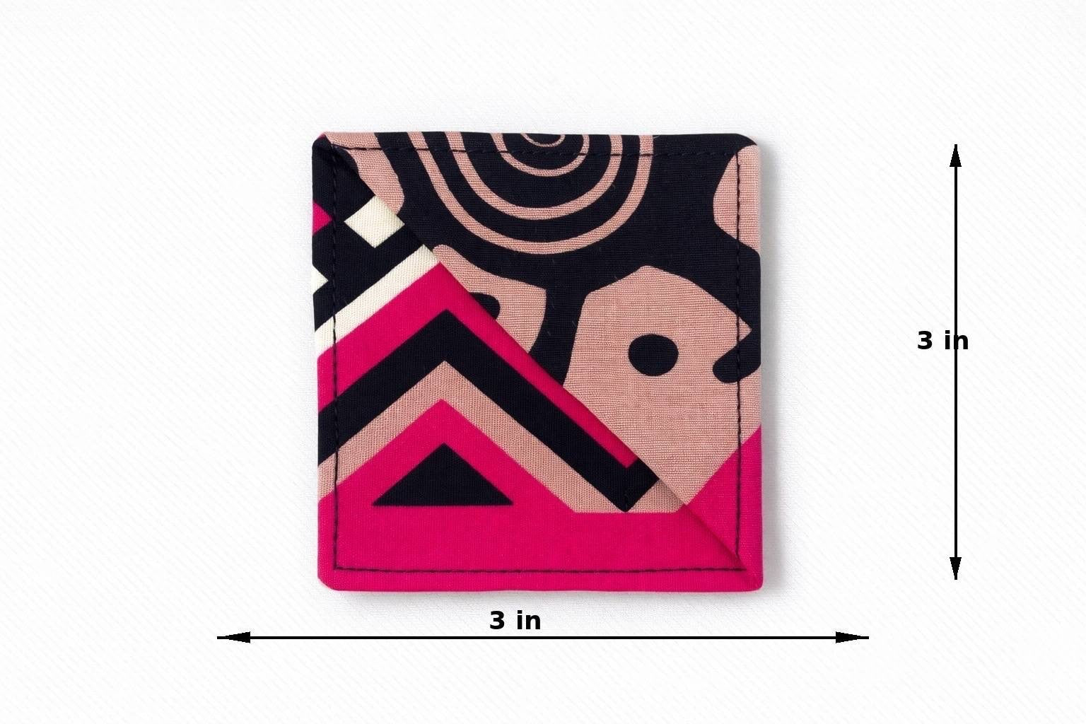 Black, pink, beige, & cream corner bookmark with abstract design 3x3 dimensions shown on a light gray background