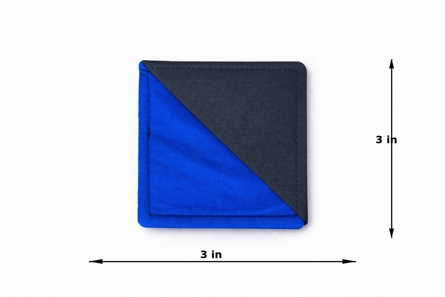 Black, blue, & purple corner bookmark with abstract design 3x3 dimensions shown on a light gray background