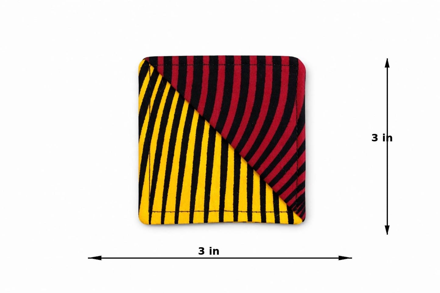 Black, yellow & red corner bookmark with abstract design 3x3 dimensions shown on a light gray background