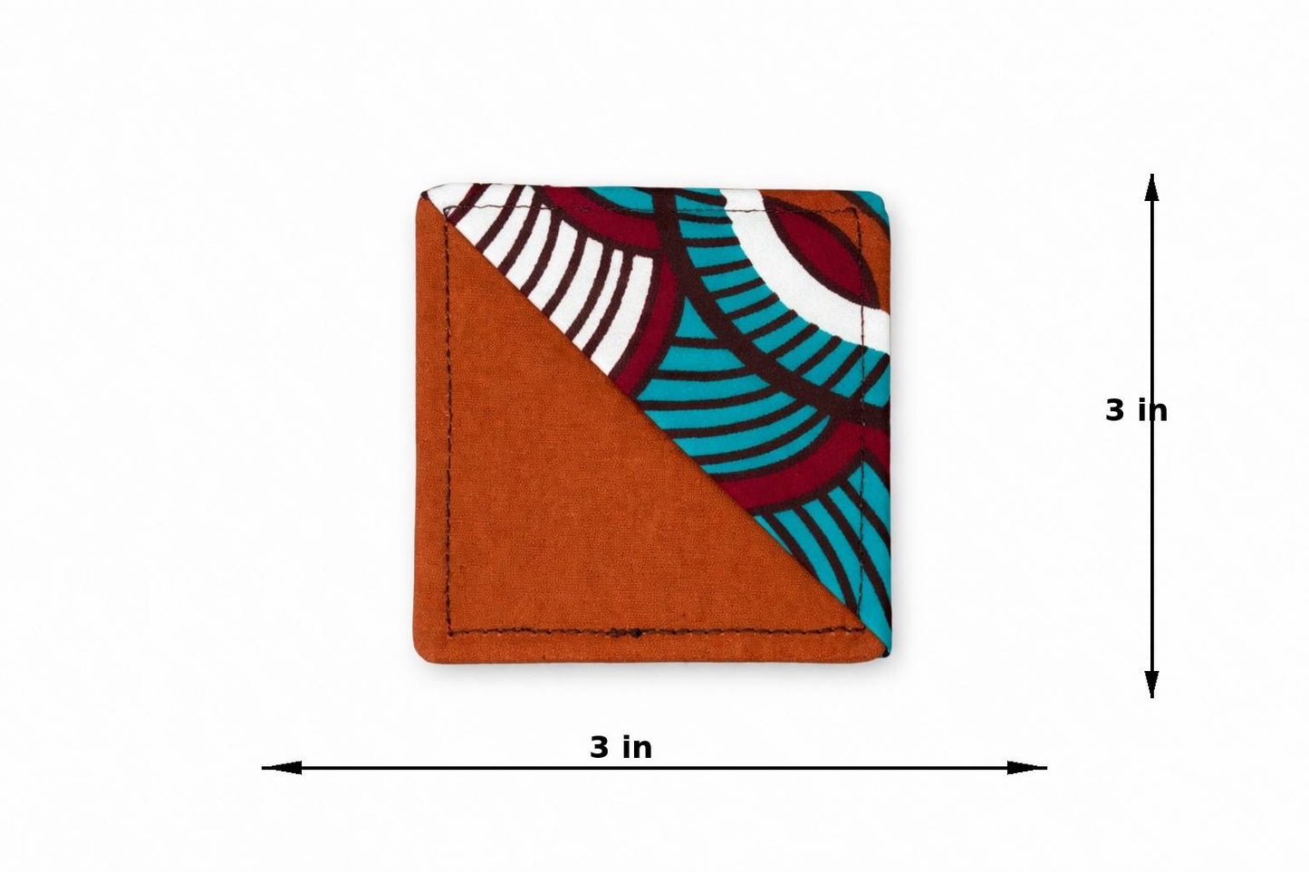 Brown, turquoise, maroon, & white corner bookmark with abstract design 3x3 dimensions shown on a light gray background
