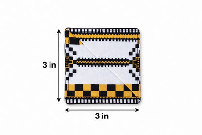 White, black, & gold corner bookmark with abstract design 3x3 dimensions shown on a light gray background