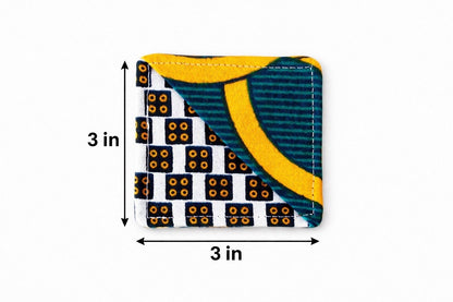 Cream, green, blue, and orange corner bookmark with abstract design 3x3 dimensions shown on a light gray background