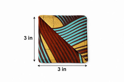 Brown, turquoise, & gold corner bookmark with abstract design 3x3 dimensions shown on a light gray background.