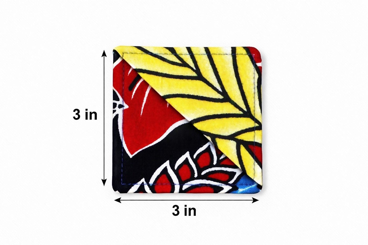 Colorful black, white, yellow, blue, & red corner bookmark with abstract design 3x3 dimensions shown on a light gray background