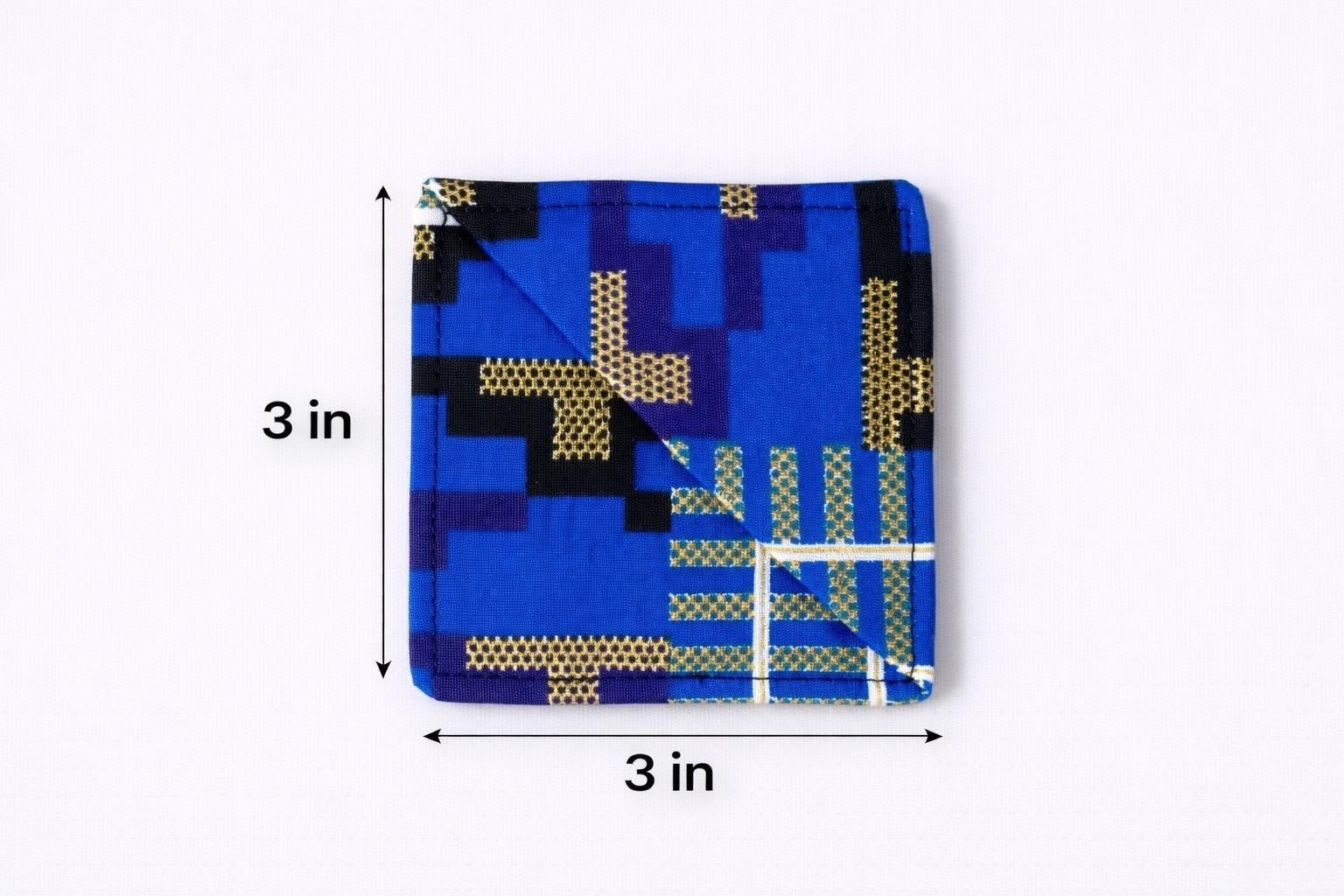 Colorful dark blue, blue, purple, black, white, & gold corner bookmark with abstract design 3x3 dimensions shown on a light gray background