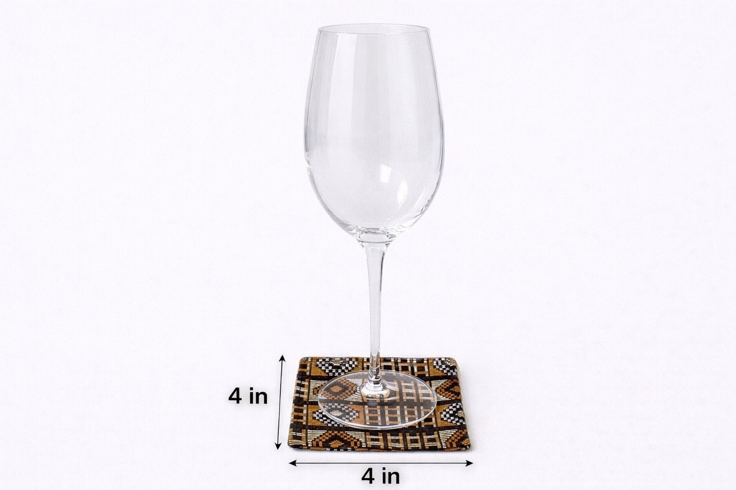 Dark brown, orange, & gold patterned fabric coasters dimensions