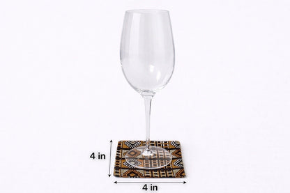 Dark brown, orange, & gold patterned fabric coasters dimensions