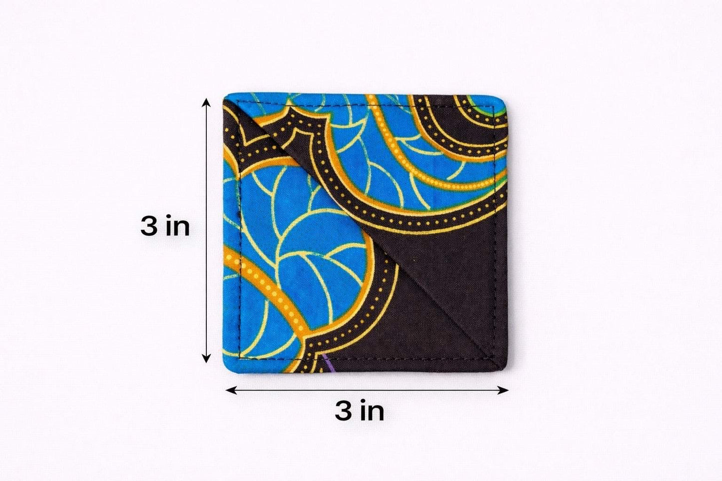 Dark brown, red, blue, & yellow corner bookmark with abstract design 3x3 dimensions shown on a light gray background