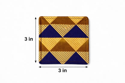Gold, blue, & brown corner bookmark with abstract design 3x3 dimensions shown on a light gray background