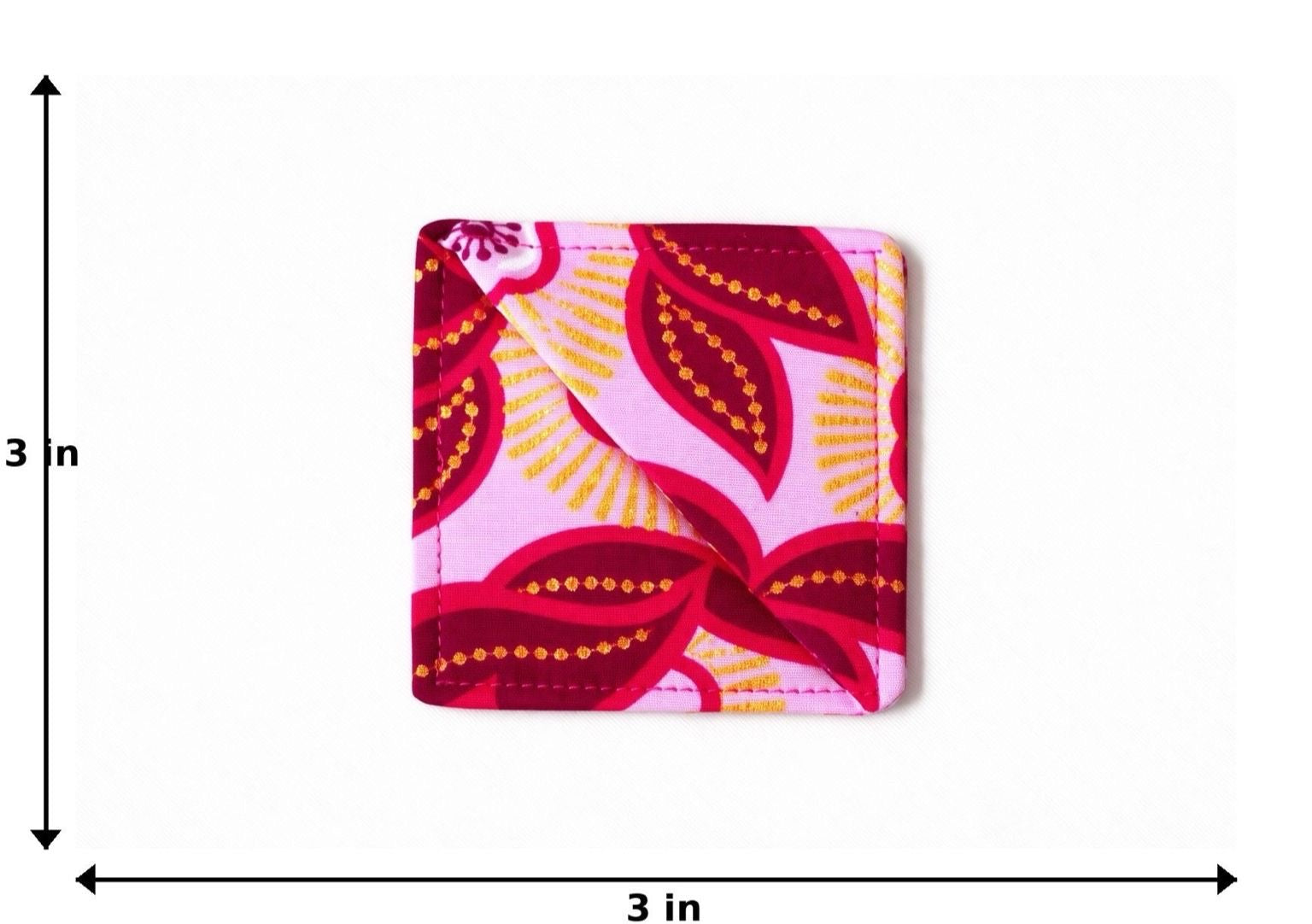 Pink, dark pink, white, & gold colorful corner bookmark with abstract design 3x3 dimensions shown on a light gray background