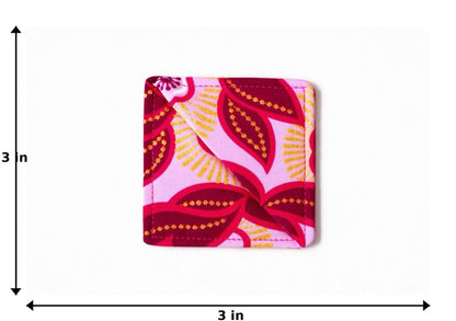 Pink, dark pink, white, & gold colorful corner bookmark with abstract design 3x3 dimensions shown on a light gray background