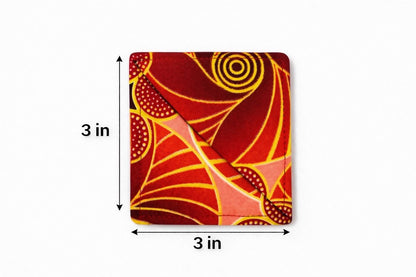 Red, maroon, pink, & gold colorful corner bookmark with abstract design 3x3 dimensions shown on a light gray background