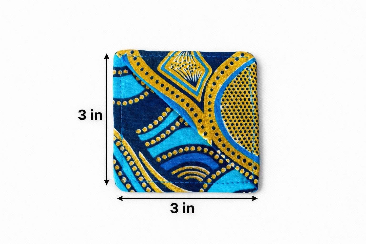 Colorful turquoise, dark blue, & gold corner bookmark with abstract design 3x3 dimensions shown on a light gray background