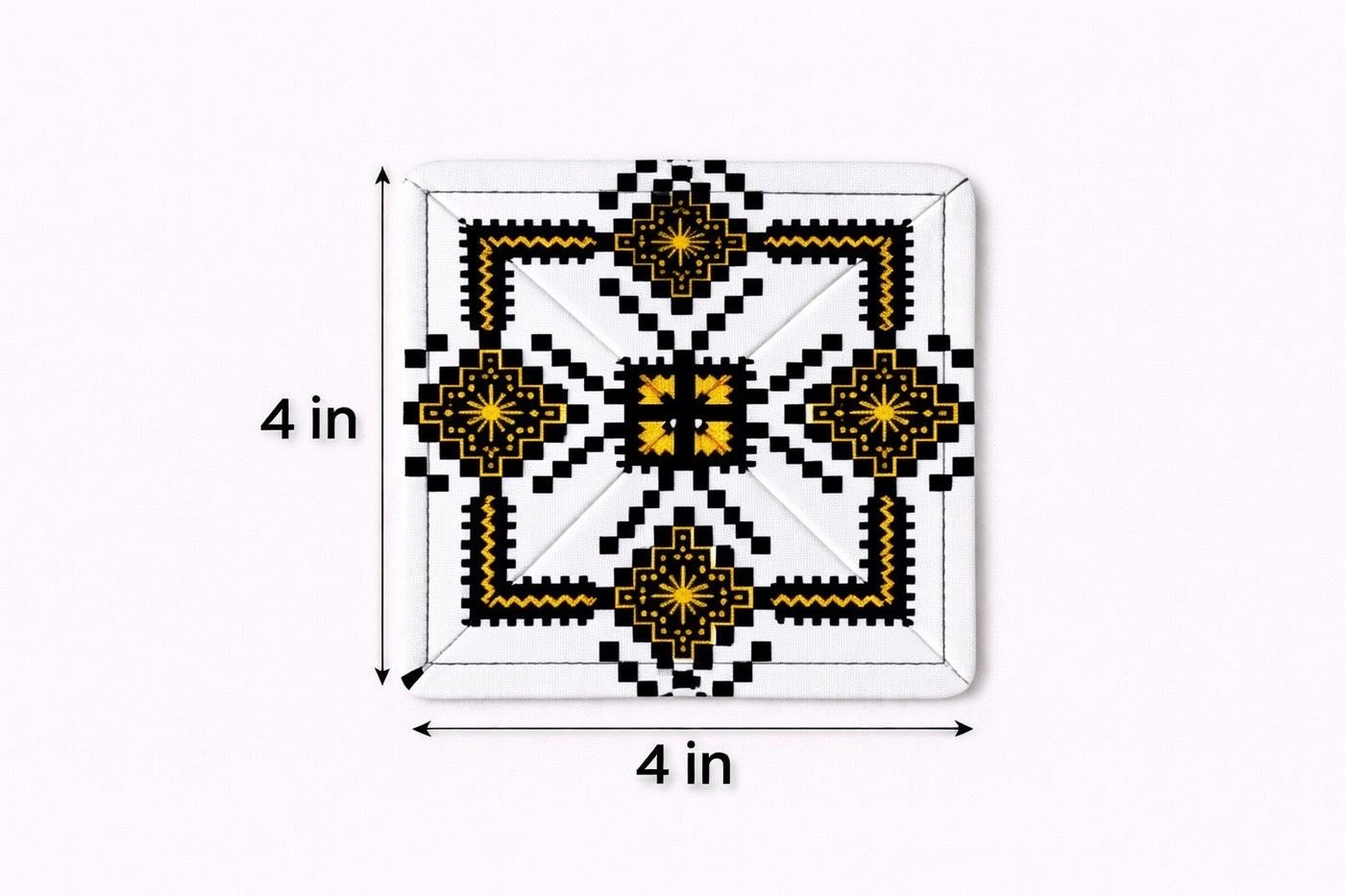 White, black, & gold patterned fabric coasters dimensions