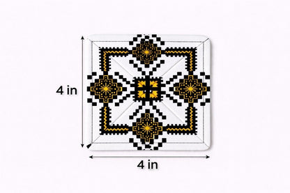 White, black, & gold patterned fabric coasters dimensions